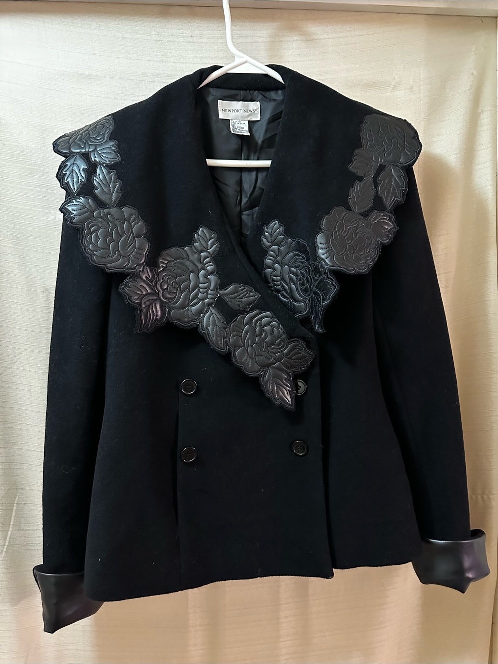 Vintage Newport News Y2K Wool Floral Appliqué Statement Jacket Coat Faux Leather